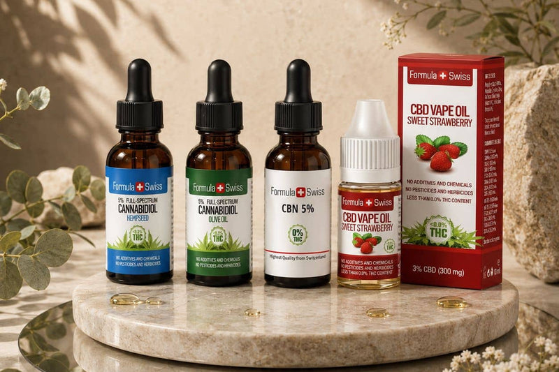 Formula Swiss 5% CBD eļļas kaņepju sēklu eļļā un olīveļļā, CBN eļļa 5% un zemeņu garšas CBD vape eļļa uz marmora statīva