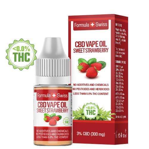 Formula Swiss CBD eļļa veipošanai ar saldu zemeņu aromātu, 3% CBD (300 mg), 10 ml pudelīte un iepakojums