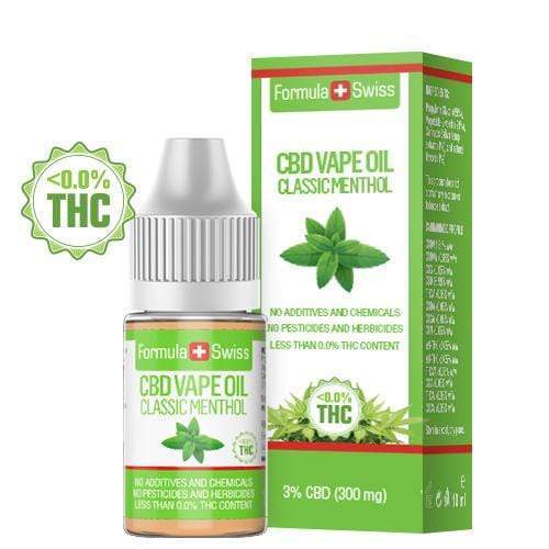 Formula Swiss CBD eļļa veipošanai ar klasisku mentola aromātu, 3% CBD (300 mg), 10 ml pudelīte un iepakojums
