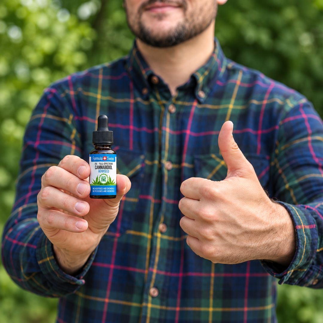 Cilvēks tur Formula Swiss CBD eļļas kaņepju sēklu eļļā pudelīti un rāda īkšķi uz augšu
