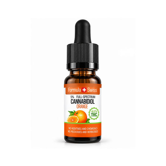 Formula Swiss CBD eļļa ar apelsīnu aromātu, 5% pilna spektra CBD, <0,2% THC, dzintara stikla pudelīte ar oranži baltu etiķeti