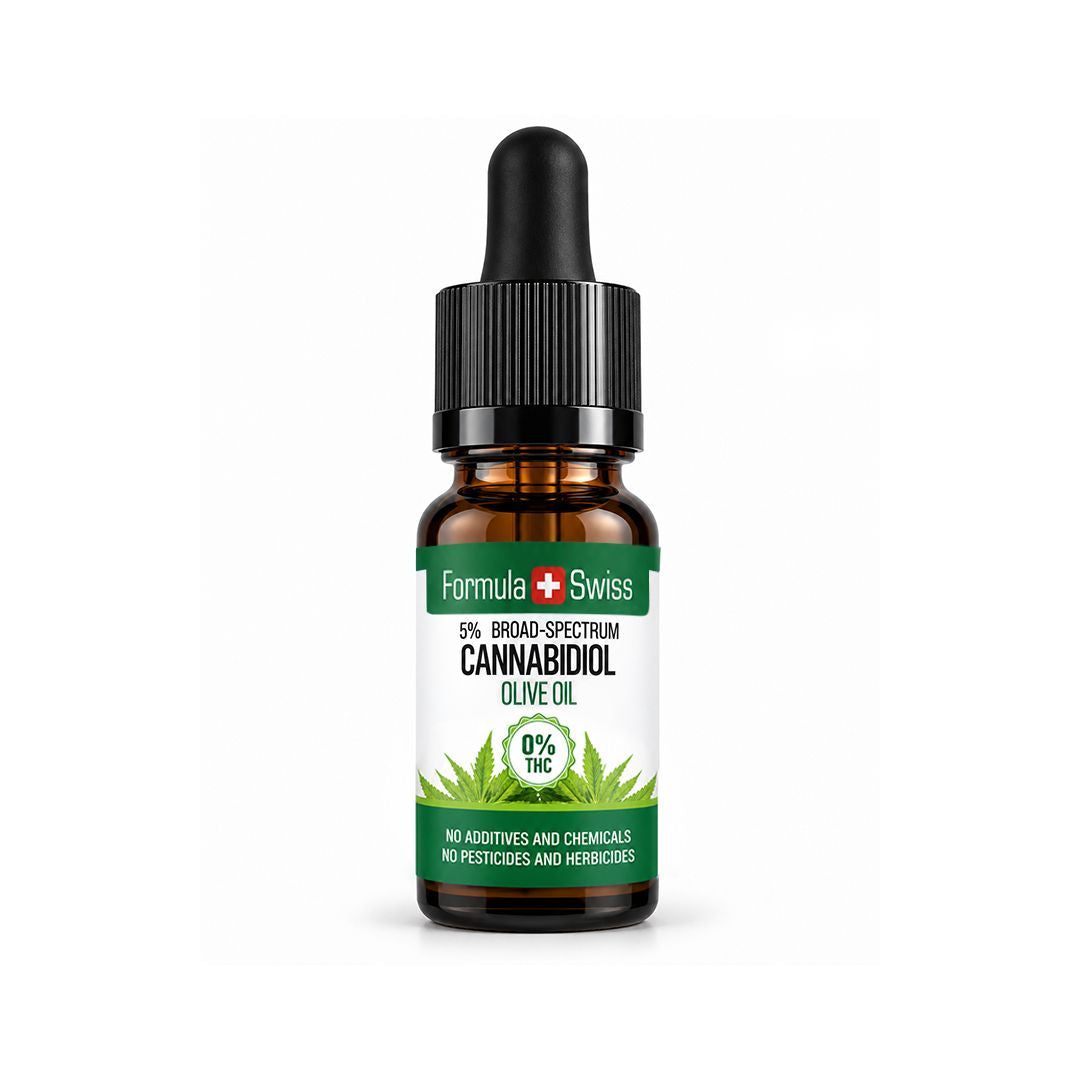 Formula Swiss CBD eļļa olīveļļā ar 0% THC, dzintara stikla pudelīte ar melnu vāciņu un baltu etiķeti uz gaiši pelēka fona