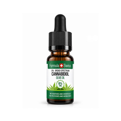 Formula Swiss CBD eļļa olīveļļā ar 0% THC, dzintara stikla pudelīte ar melnu vāciņu un baltu etiķeti uz gaiši pelēka fona