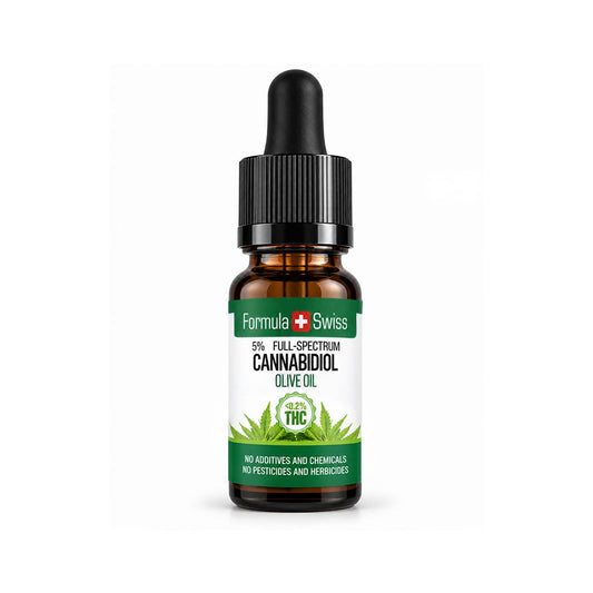 Formula Swiss CBD eļļa olīveļļā ar <0,2% THC, dzintara stikla pudelīte ar melnu vāciņu un baltu etiķeti uz gaiši pelēka fona