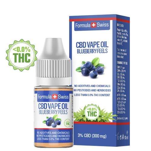 Formula Swiss CBD eļļa veipošanai Blueberry Feels (mellenes), 3% CBD (300 mg), 10 ml pudelīte un iepakojums