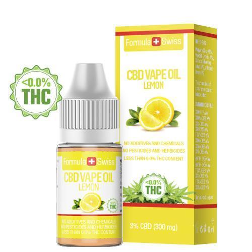 Formula Swiss CBD eļļa veipošanai ar citronu aromātu, 3% CBD (300 mg), 10 ml pudelīte un iepakojums