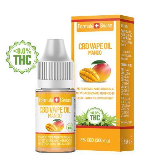 Formula Swiss CBD eļļa veipošanai ar mango aromātu, 3% CBD (300 mg), 10 ml pudelīte un iepakojums
