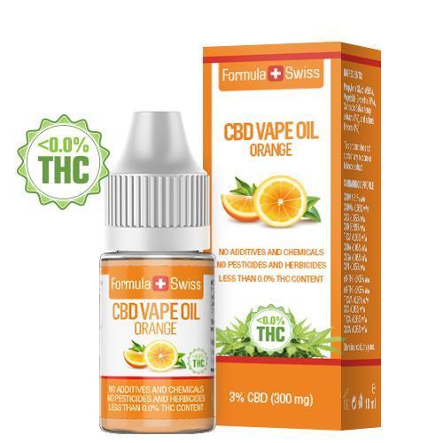 Formula Swiss CBD eļļa veipošanai ar apelsīnu aromātu, 3% CBD (300 mg), 10 ml pudelīte un iepakojums