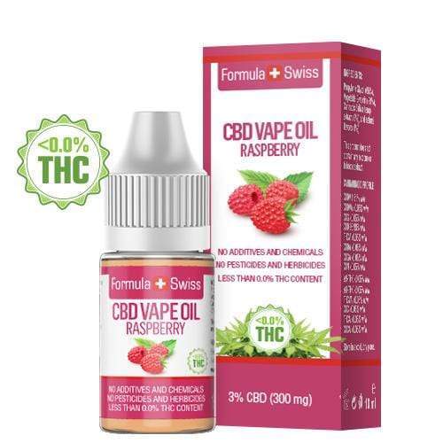 Formula Swiss CBD eļļa veipošanai ar aveņu aromātu, 3% CBD (300 mg), 10 ml pudelīte un iepakojums